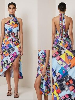 Abstract handmade Halter Midi Dress in Multicolor with scarf neck size S